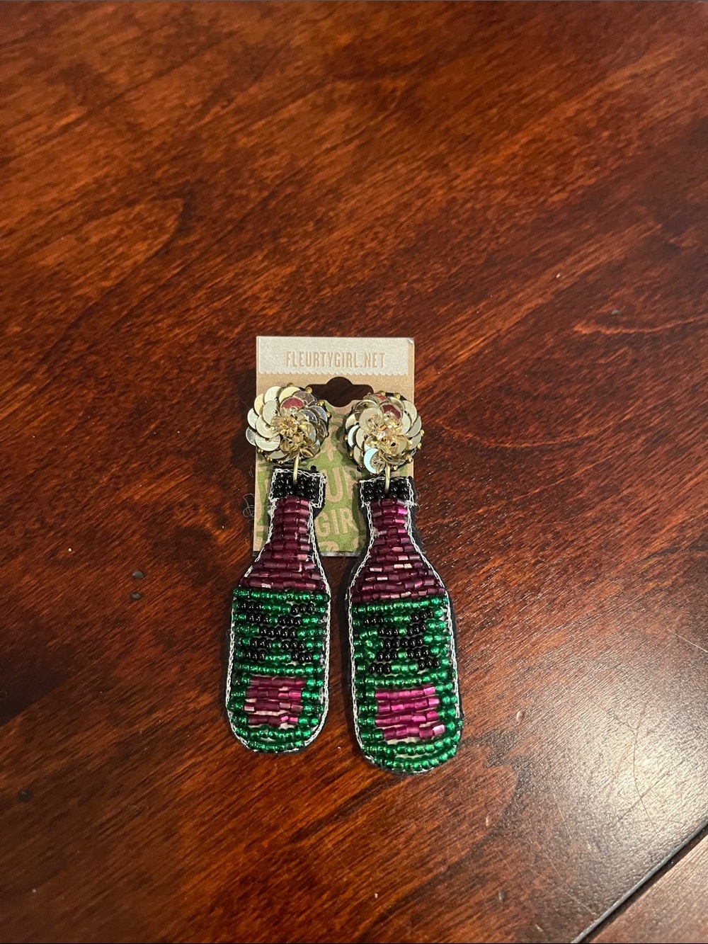 Fleurt Girl Green & Purple Beaded Bottle Drop Earrings